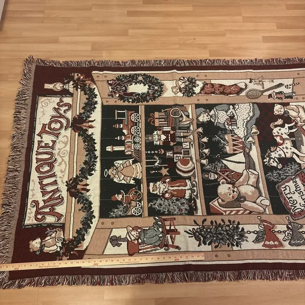 VTG Fieldcrest Antique Toys Christmas Tapestry Throw Blanket Woven Cotton 46x68